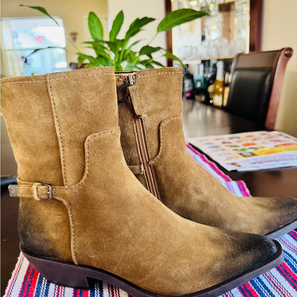 Zara Suede Mid-Calf Boots in Tan and Black Ombre
